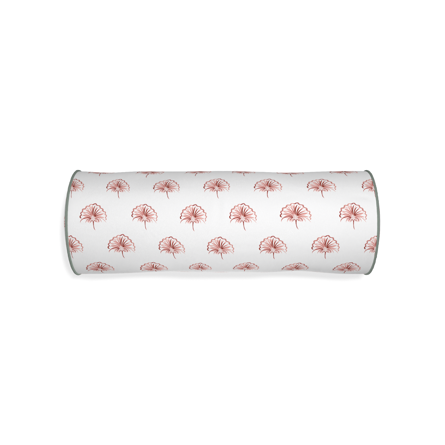 Bolster penelope rose custom floral pinkpillow with sage piping on white background