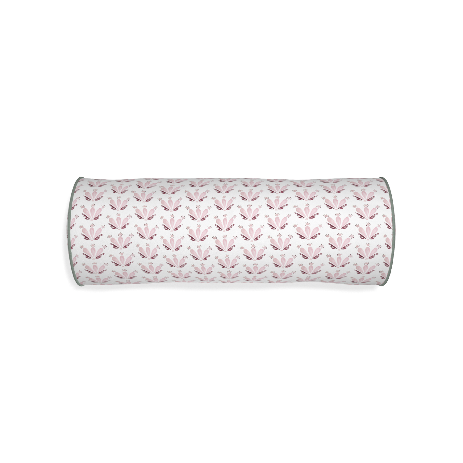 Bolster serena pink custom pink & burgundy drop repeat floralpillow with sage piping on white background