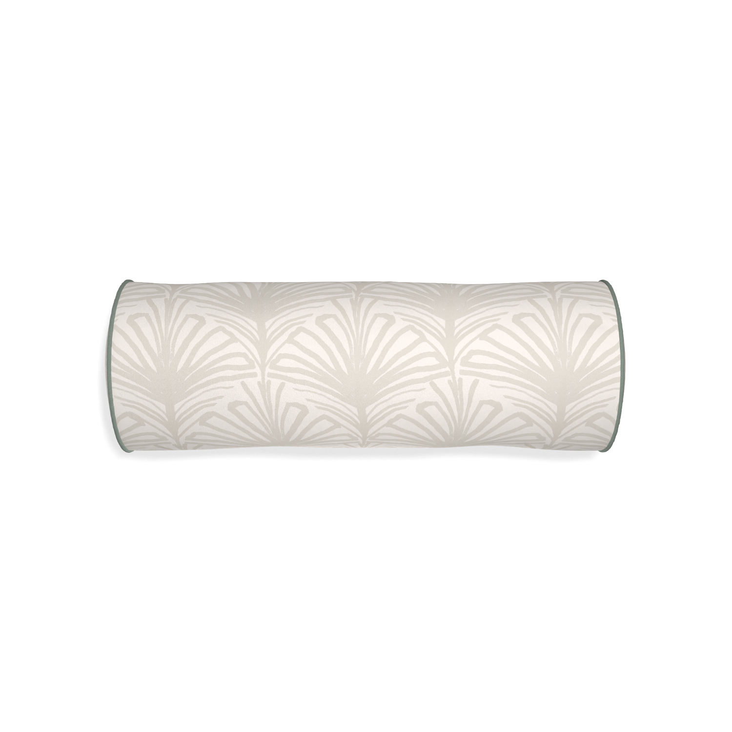 Bolster suzy sand custom beige palmpillow with sage piping on white background