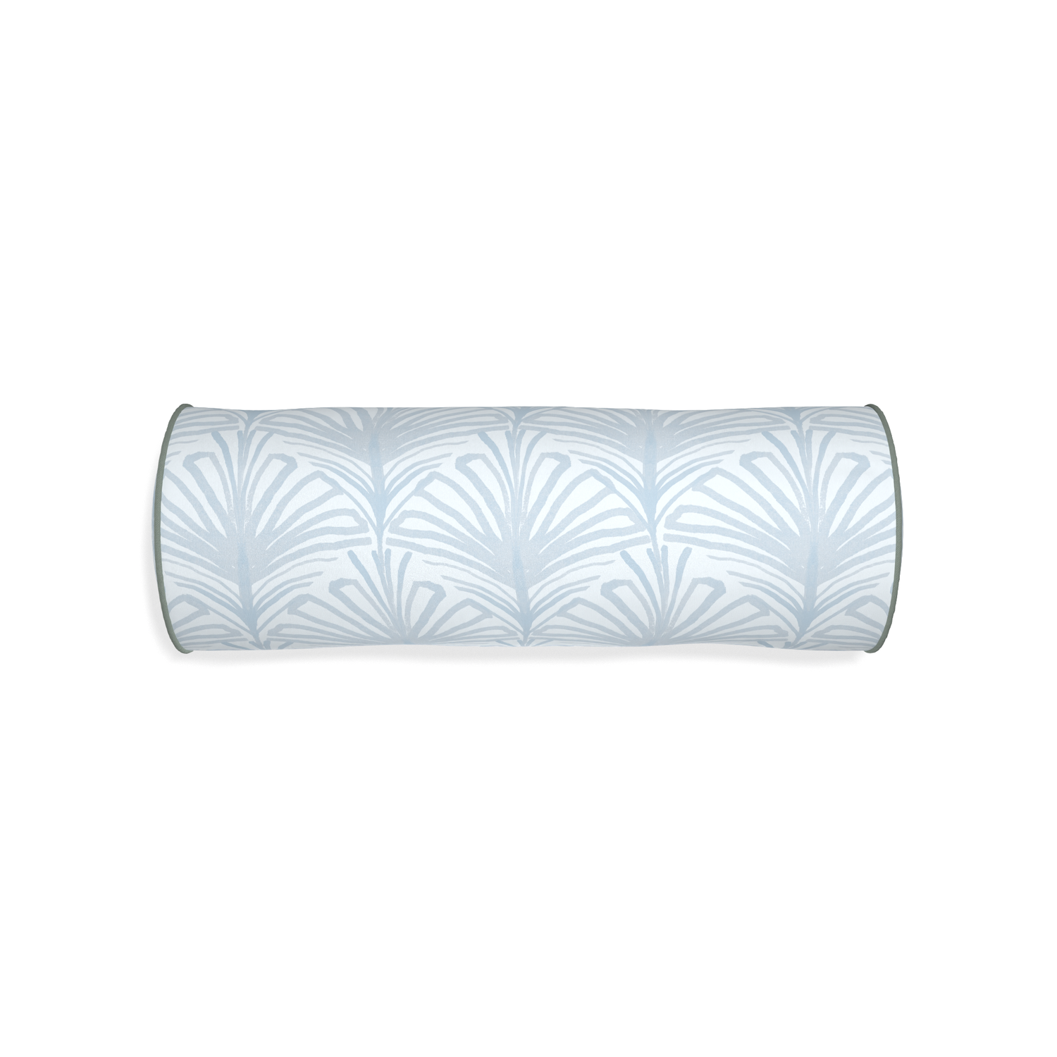Bolster suzy sky custom sky blue palmpillow with sage piping on white background