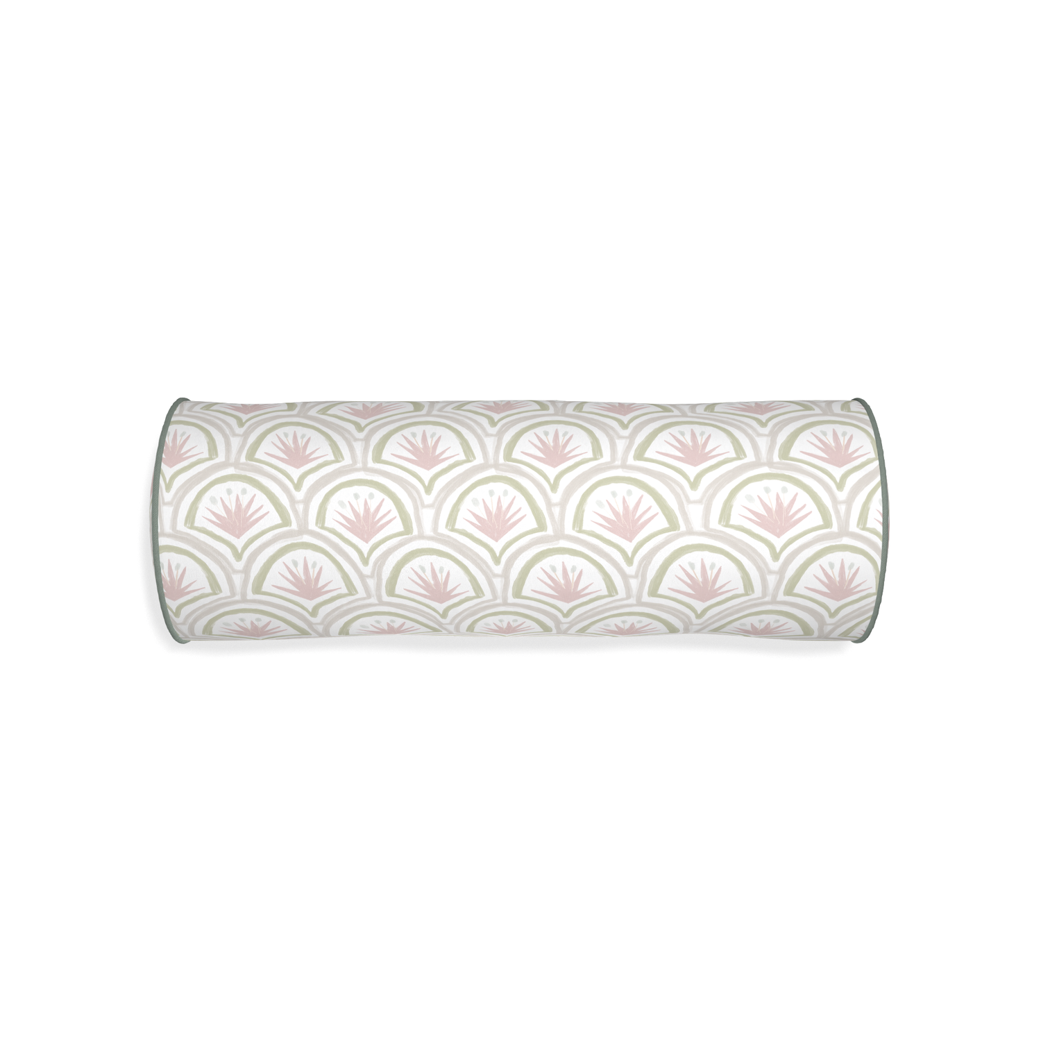 Bolster thatcher rose custom pink & green palmpillow with sage piping on white background