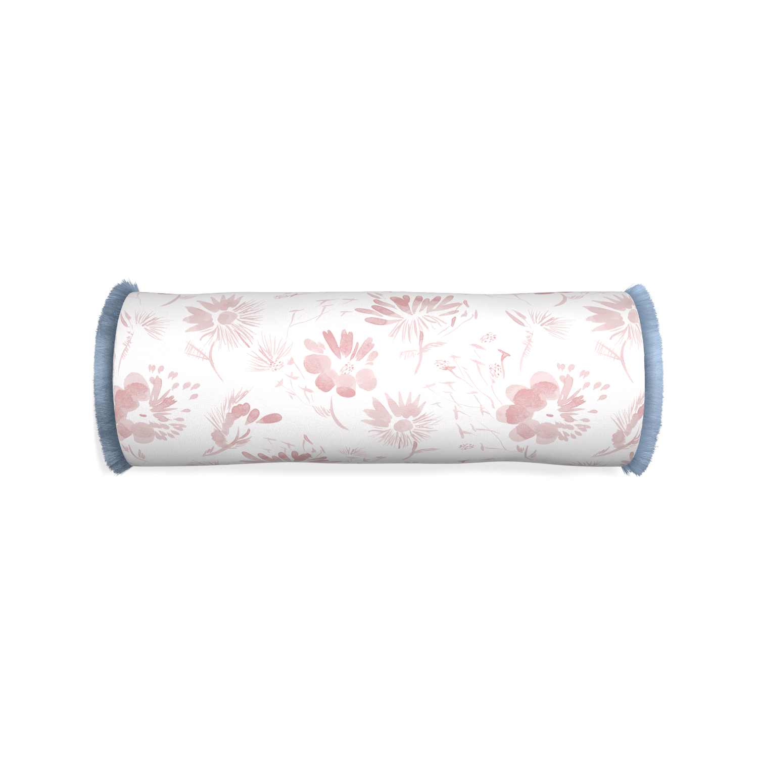 Bolster blake custom pink floralpillow with sky fringe on white background
