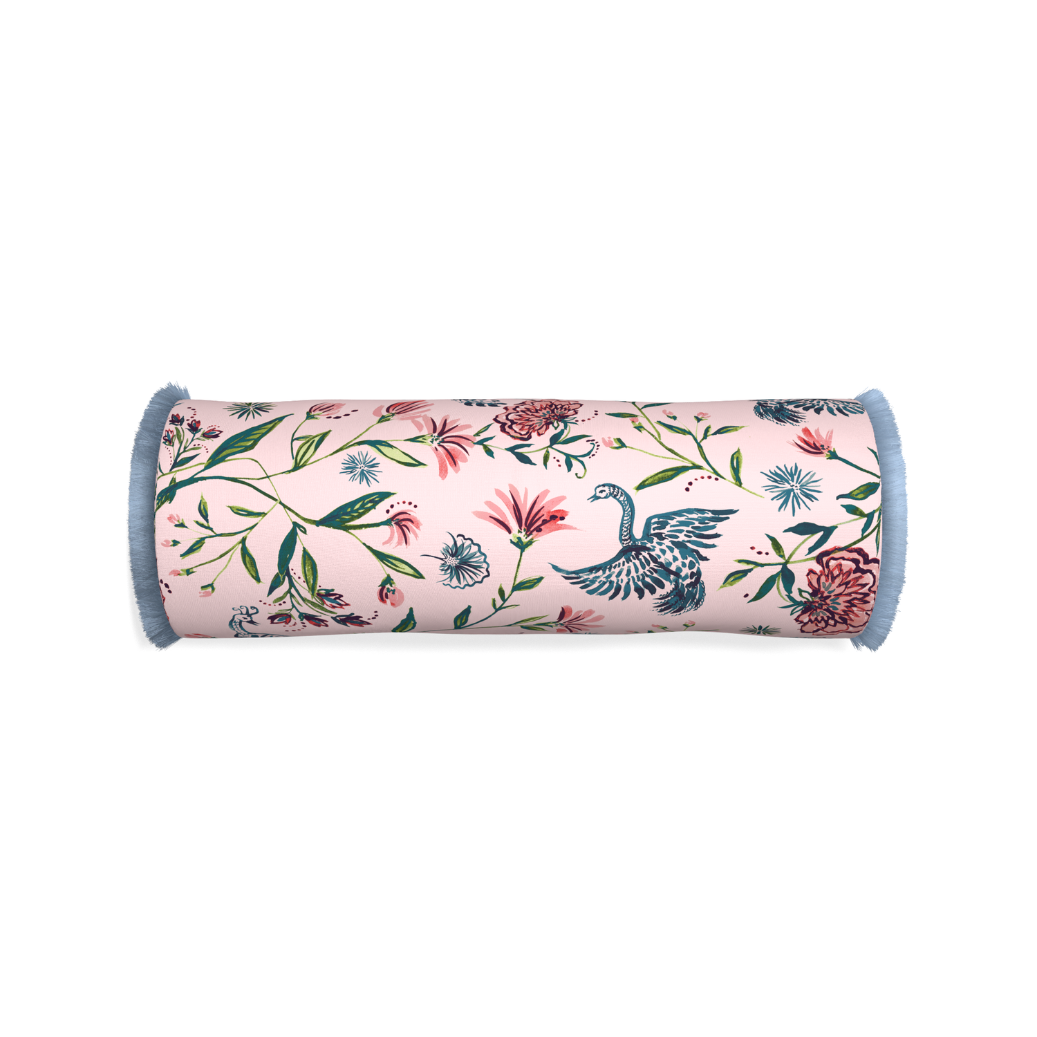 Bolster daphne rose custom pillow with sky fringe on white background