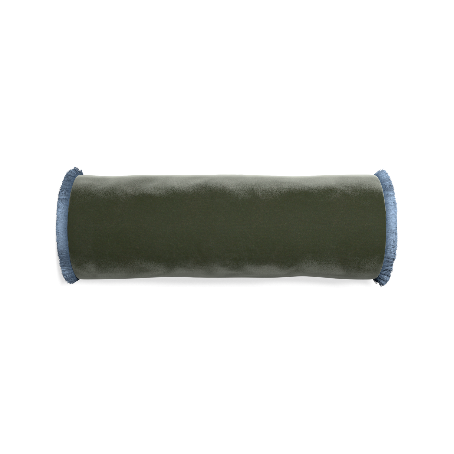 bolster fern green velvet pillow with sky blue fringe
