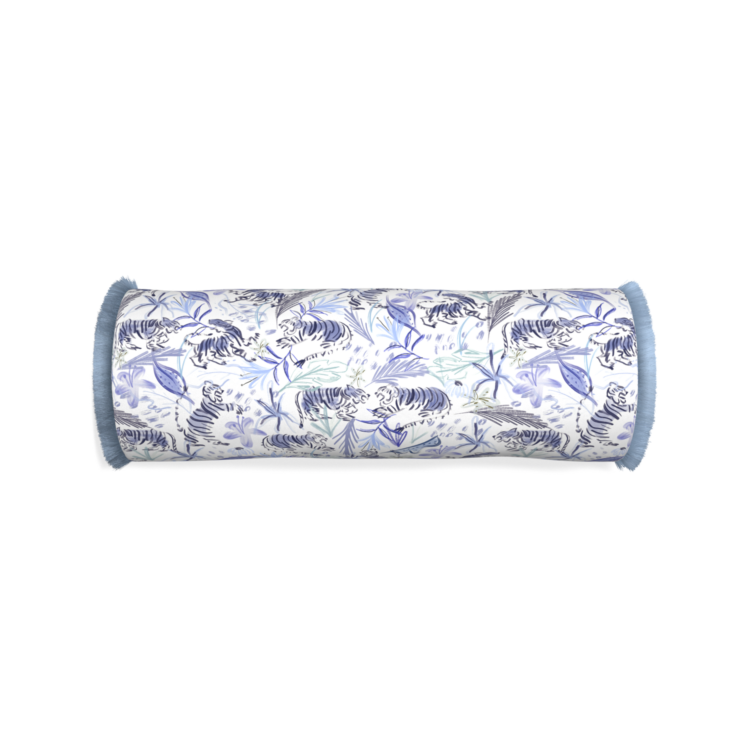 Bolster frida blue custom blue with intricate tiger designpillow with sky fringe on white background