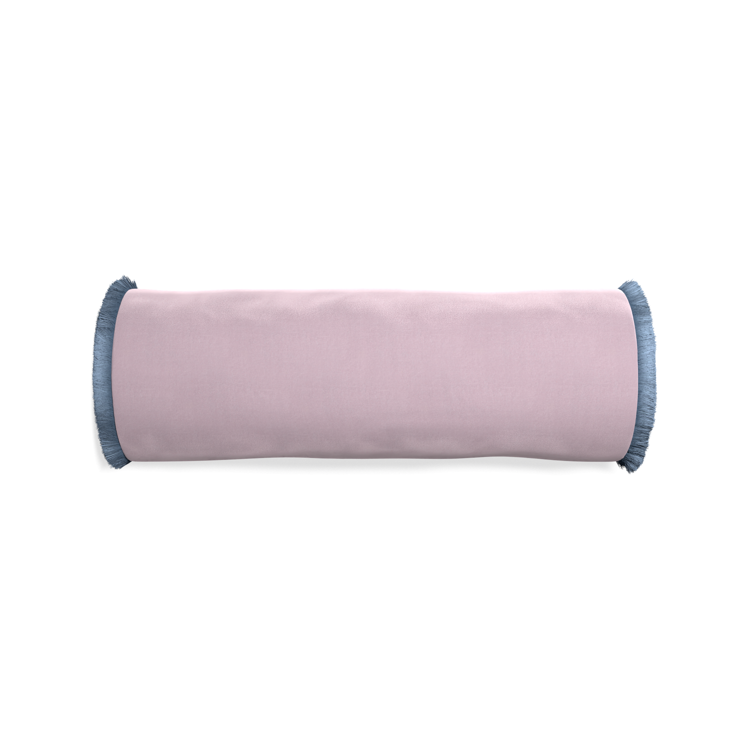 Bolster lilac velvet custom pillow with sky fringe on white background