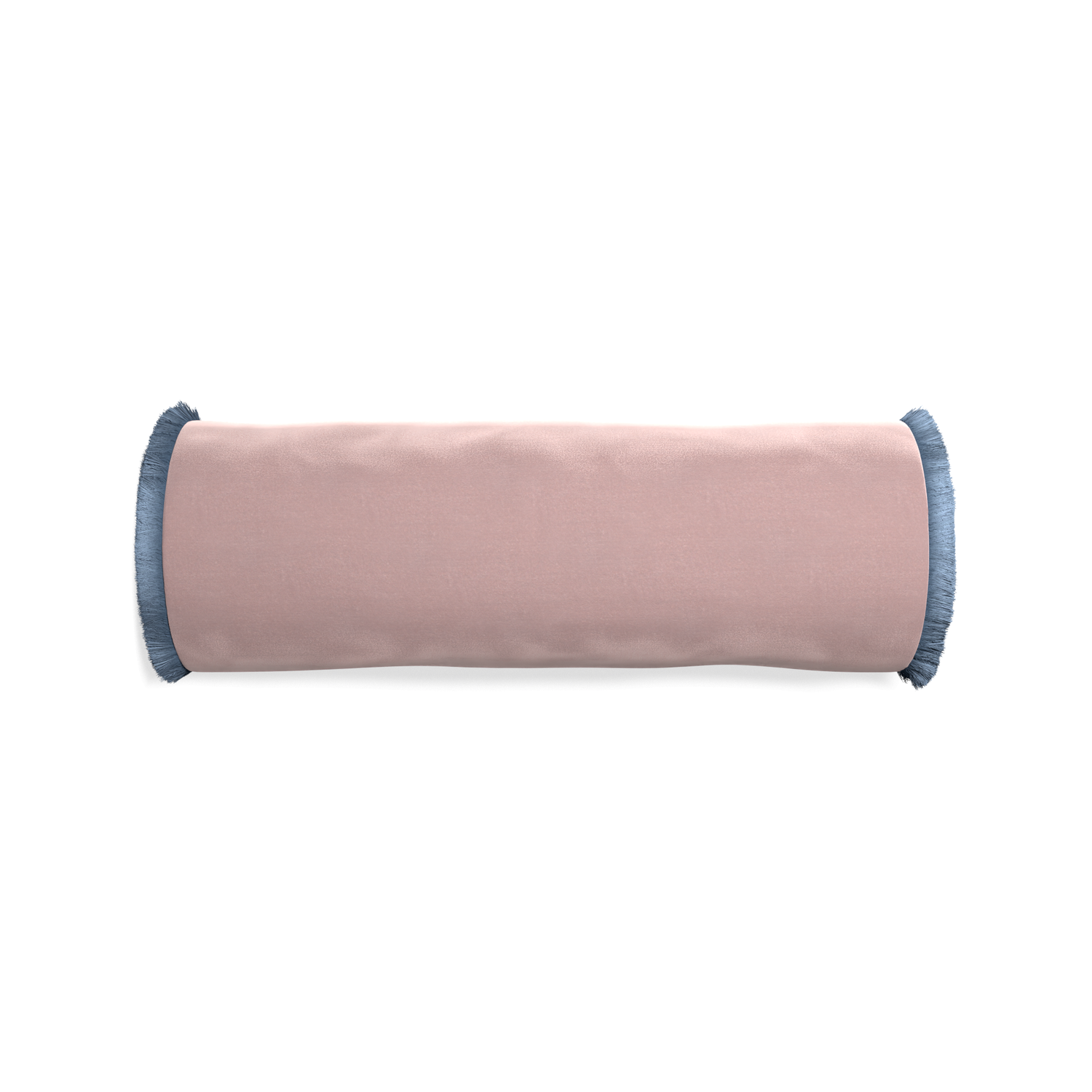 Bolster mauve velvet custom pillow with sky fringe on white background
