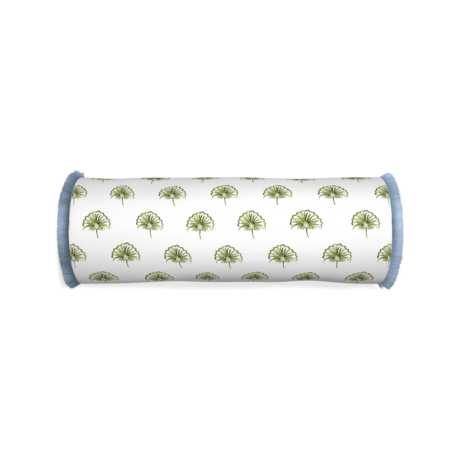 Bolster penelope moss custom pillow with sky fringe on white background