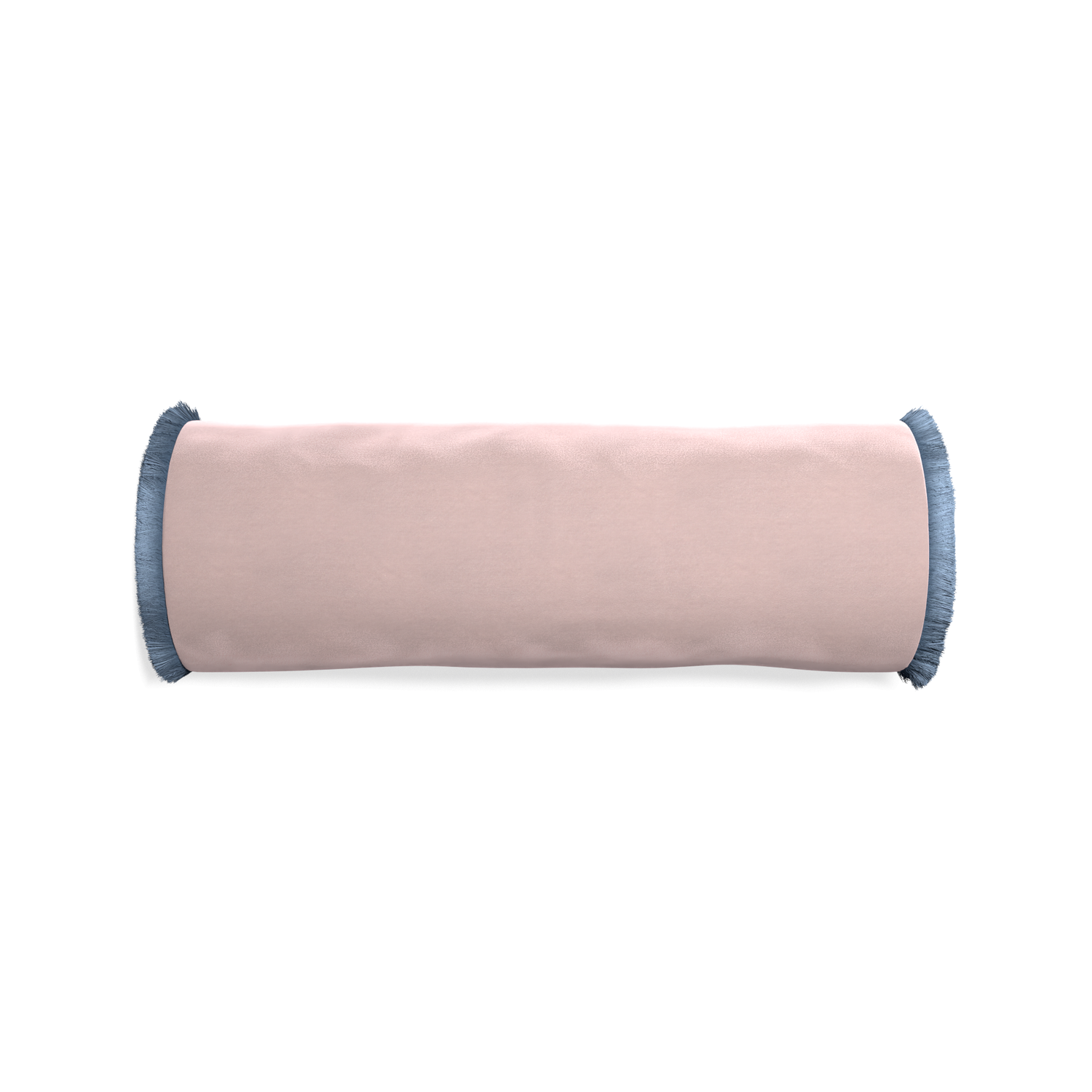 bolster light pink velvet pillow with sky blue fringe 