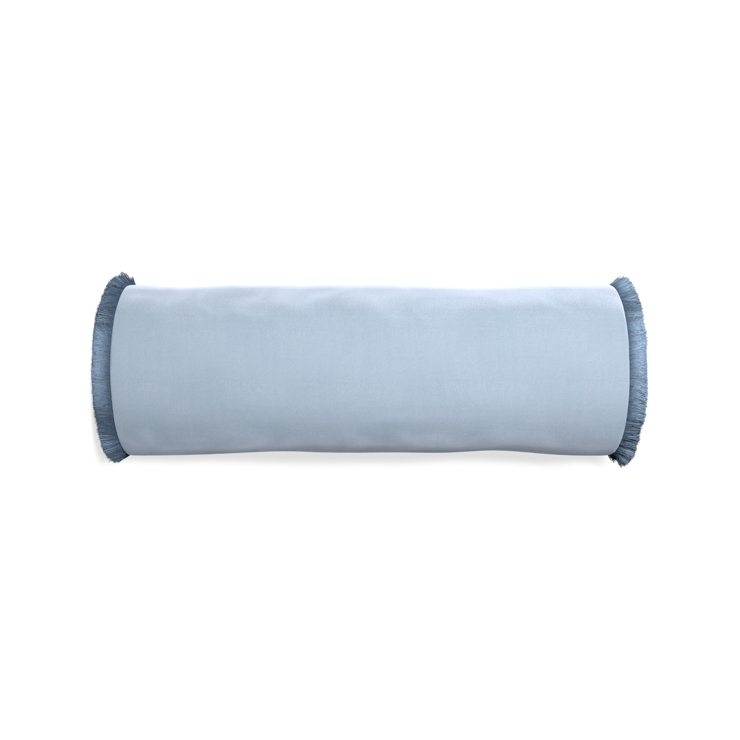 Bolster sky velvet custom pillow with sky fringe on white background