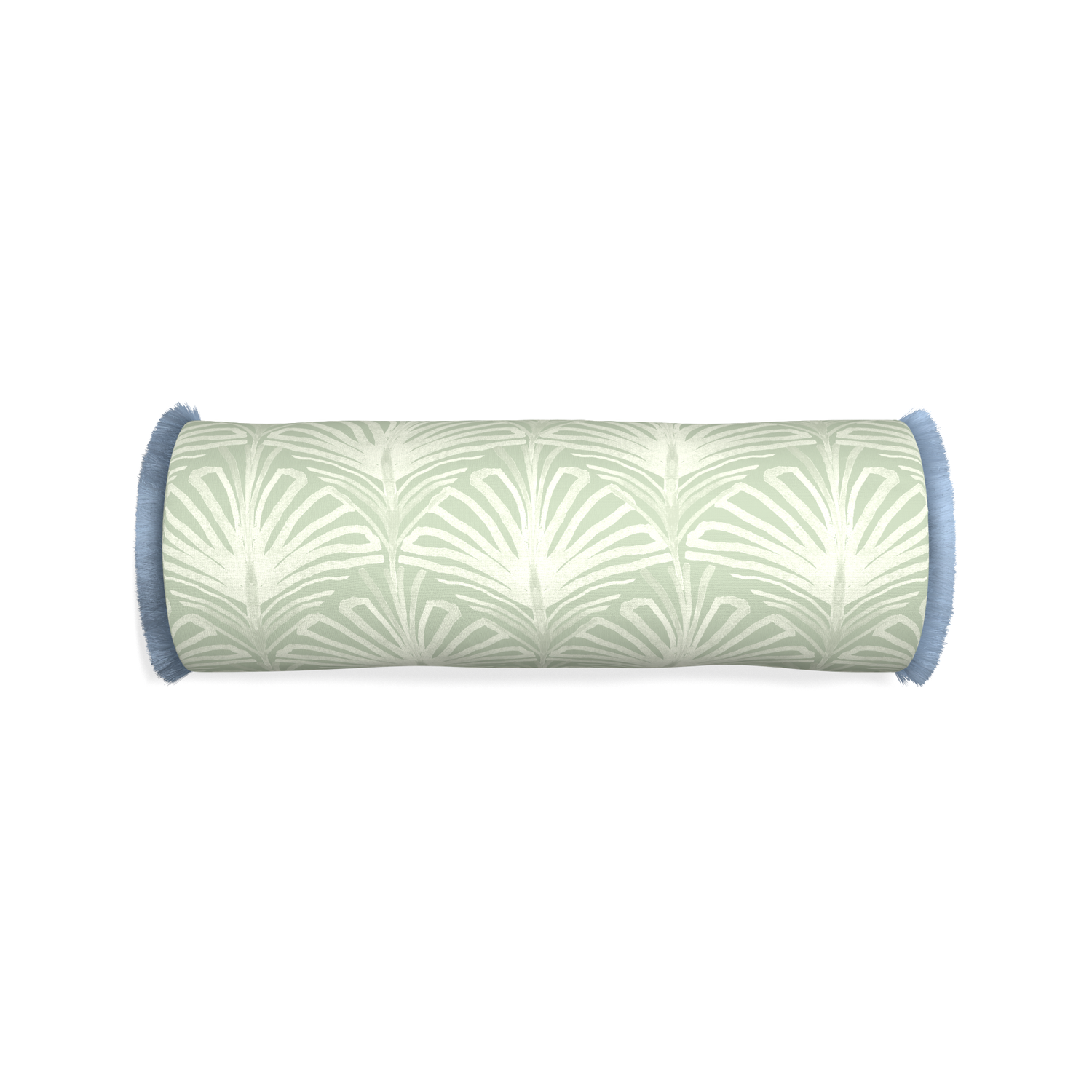 Bolster suzy sage custom sage green palmpillow with sky fringe on white background