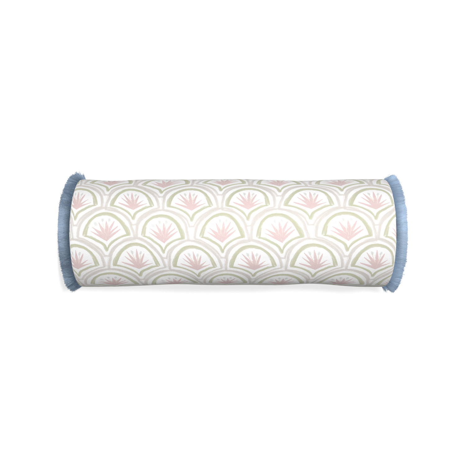 Bolster thatcher rose custom pink & green palmpillow with sky fringe on white background