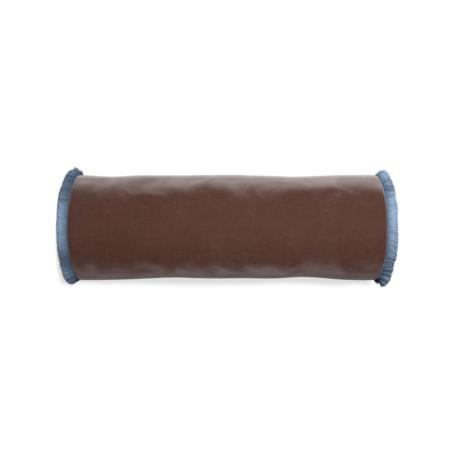 Bolster walnut velvet custom pillow with sky fringe on white background