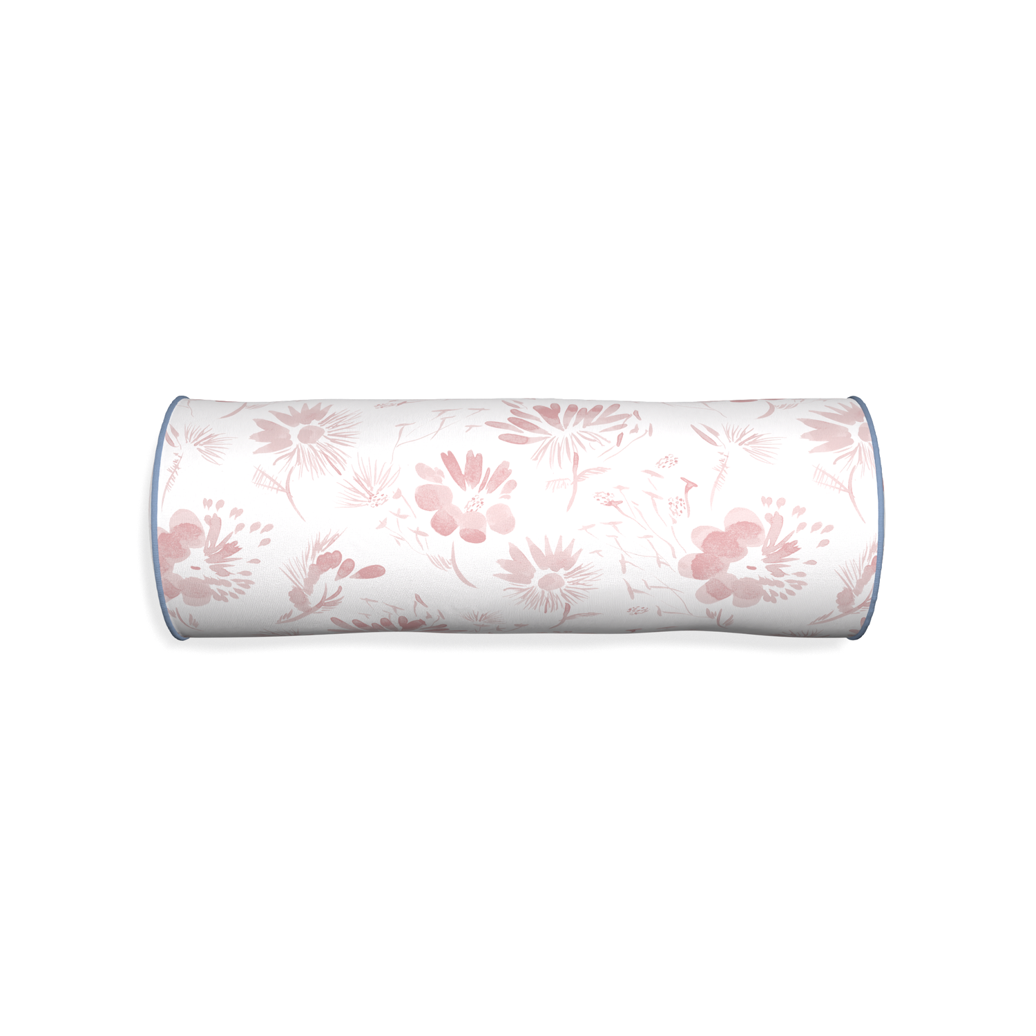 Bolster blake custom pink floralpillow with sky piping on white background