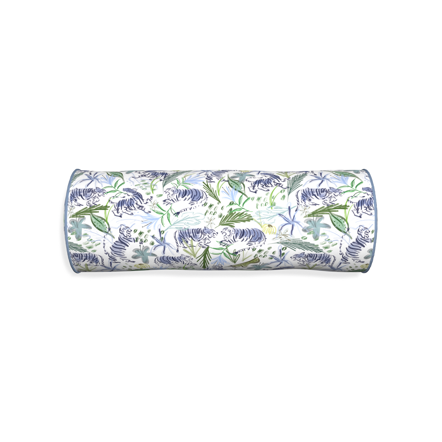 Bolster frida green custom pillow with sky piping on white background