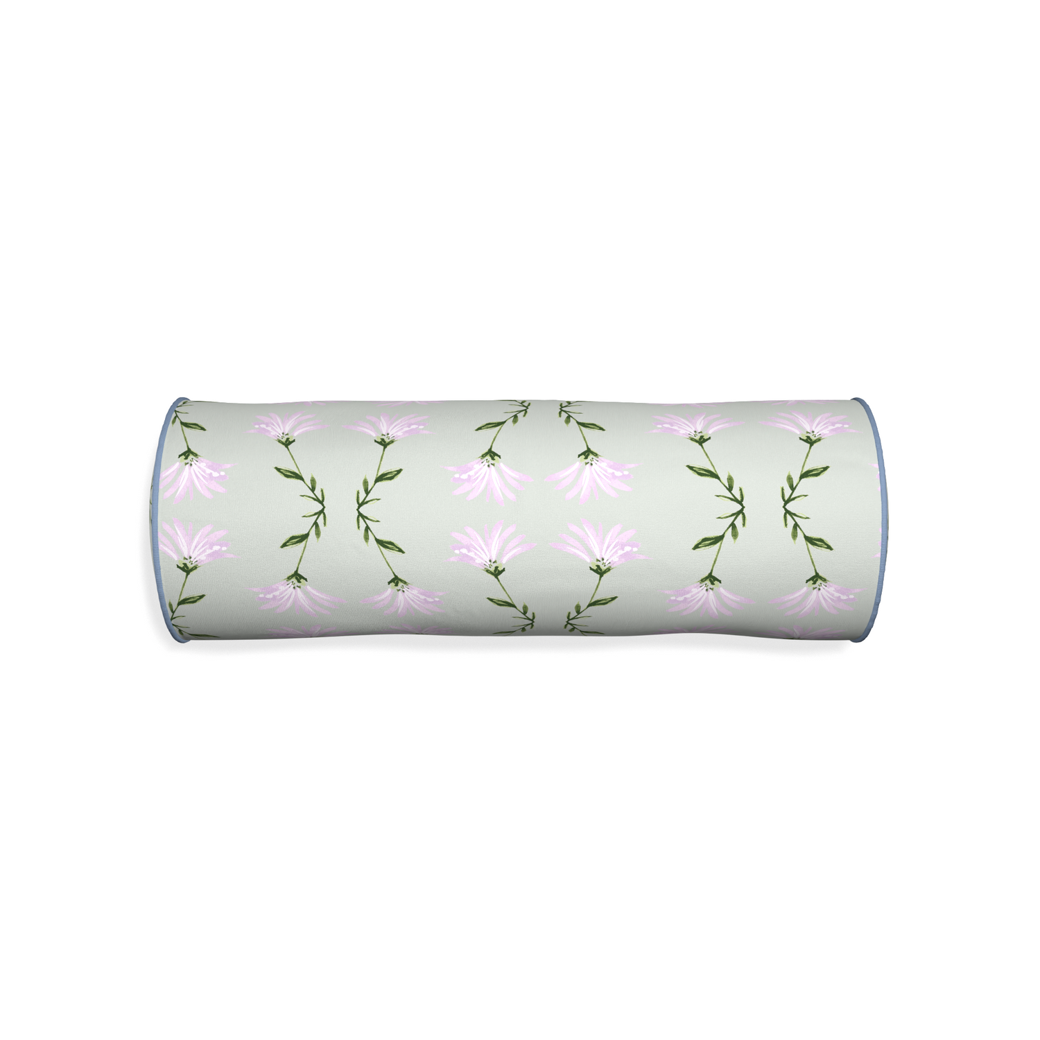 Bolster marina sage custom pillow with sky piping on white background