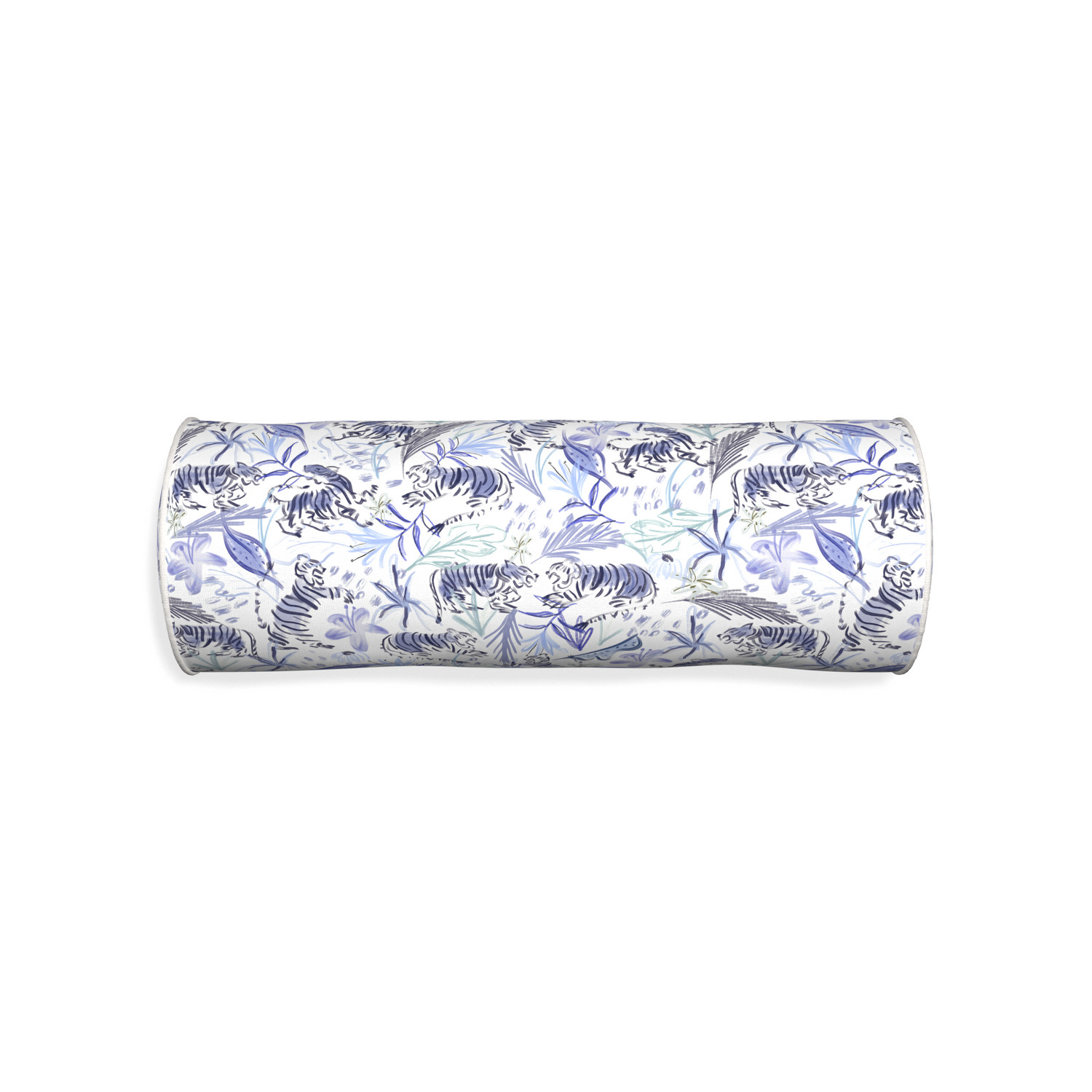 Bolster frida blue custom blue with intricate tiger designpillow with snow piping on white background