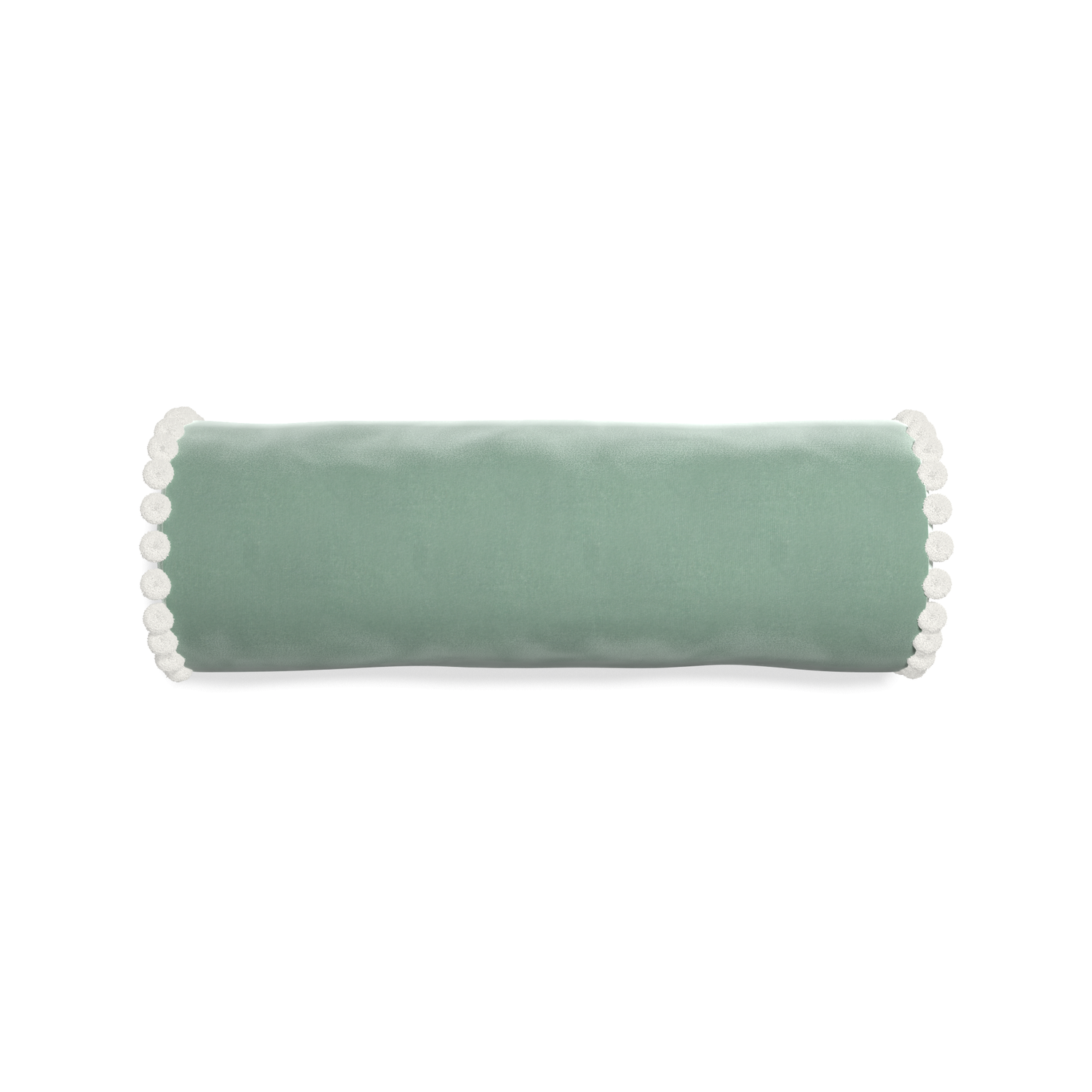 bolster blue green velvet pillow with white pom poms