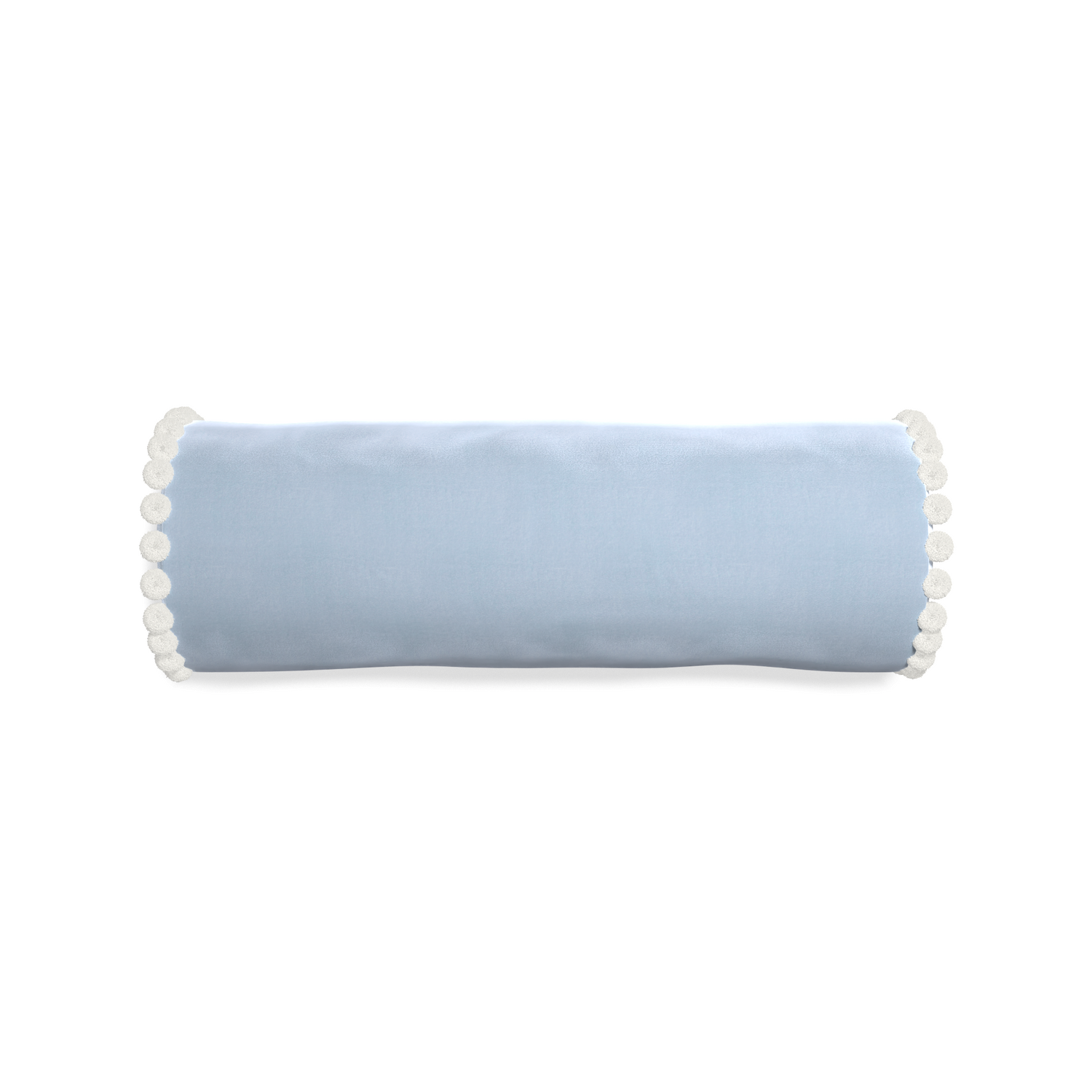 bolster light blue velvet pillow with white pom pom 