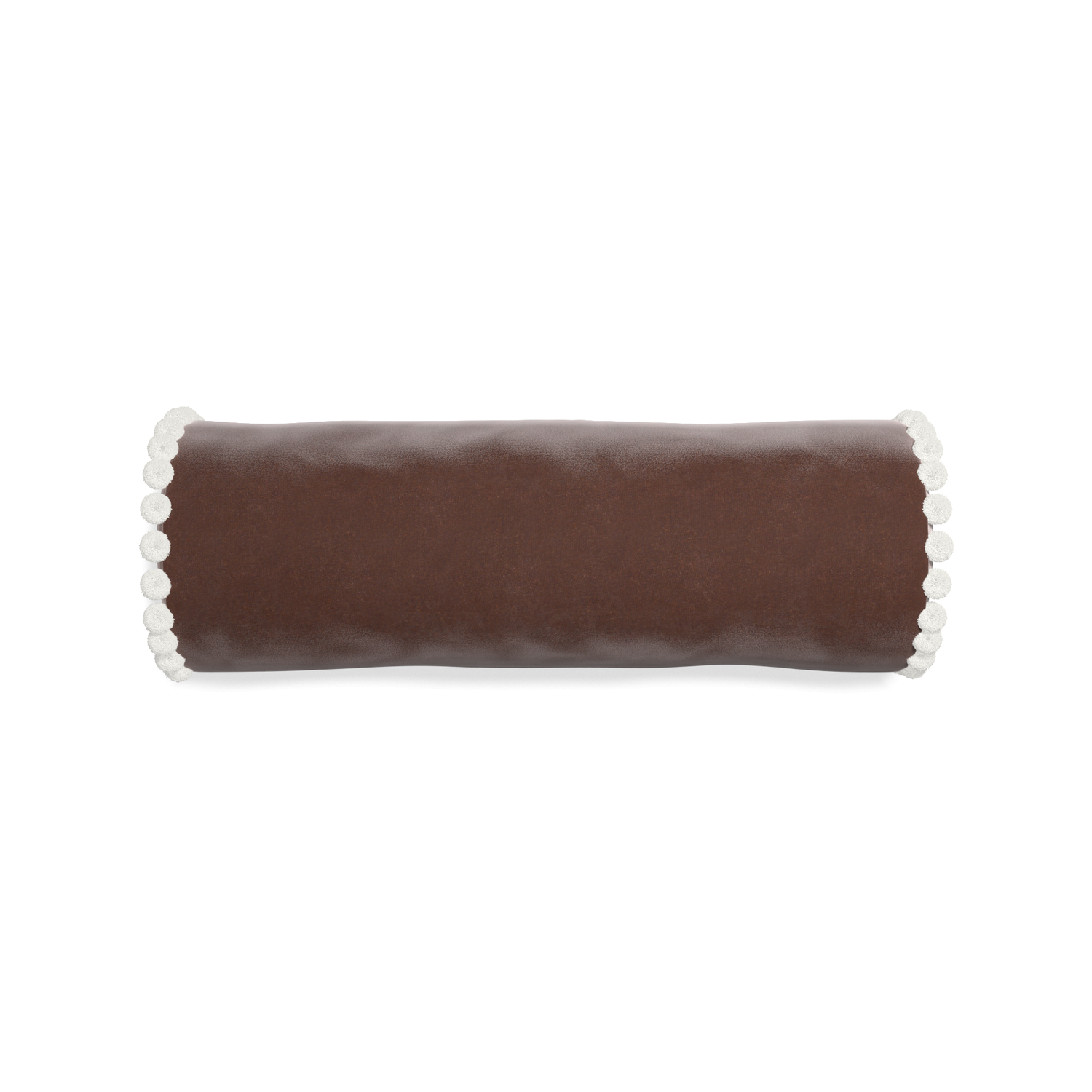 bolster brown velvet pillow with white pom poms
