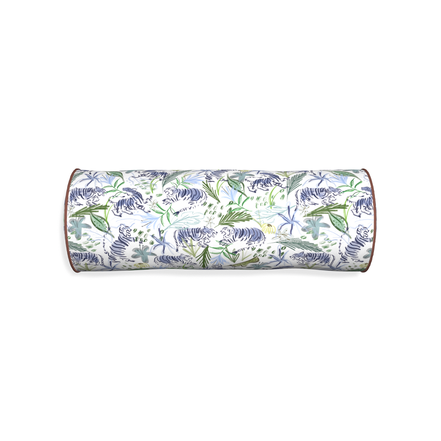 Bolster frida green custom pillow with w piping on white background