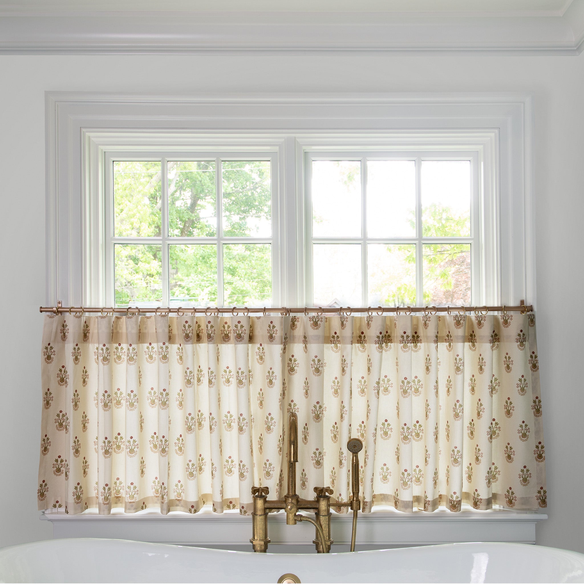 Lucie Clay Tailored Pleat cafe curtains in soft neutral tones with delicate floral print, made-to-order, USA quality, short lead times
