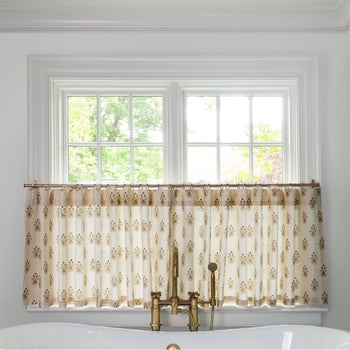 Lucie Clay Tailored Pleat cafe curtains in soft neutral tones with delicate floral print, made-to-order, USA quality, short lead times