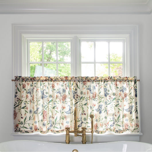 Daphne Cream Tailored Pleat custom cafe curtains with floral coastal design by Pepper Home, made-to-order sheer curtains.