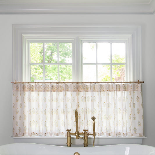 Lucie Chamomile Tailored Pleat cafe curtains in sheer fabric with subtle floral pattern, made-to-order, short lead times, USA quality craftsmanship