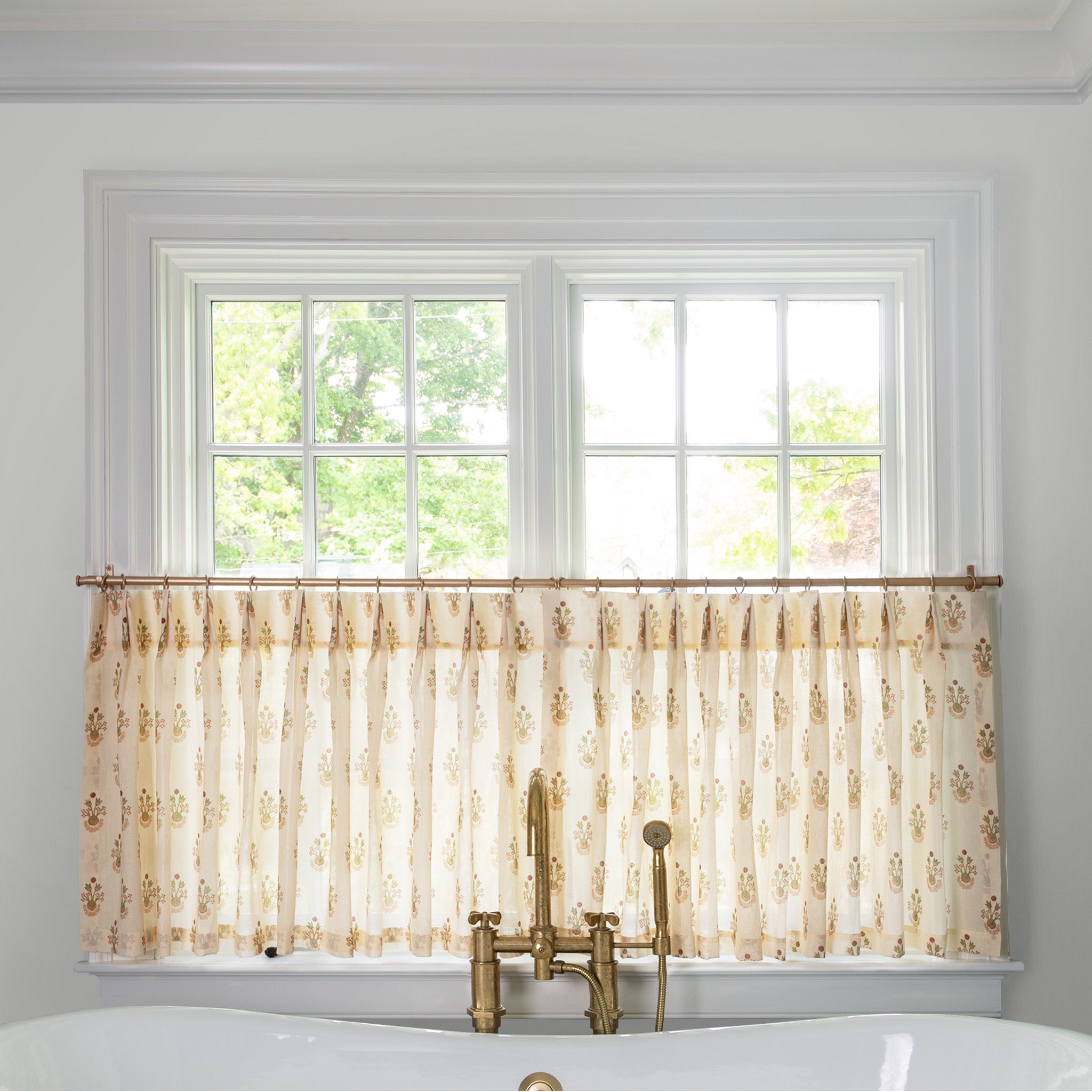 Lucie Clay Tailored Pleat cafe curtains with soft floral print, made-to-order, short lead times, manufactured in the USA quality
