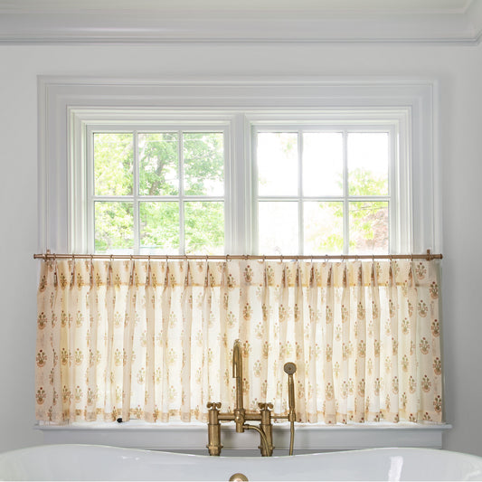Lucie Clay Tailored Pleat cafe curtains with soft floral print, made-to-order, short lead times, manufactured in the USA quality
