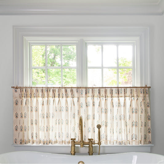 Lucie Harbor Tailored Pleat cafe curtains in soft printed sheer fabric, made-to-order, short lead times, manufactured in the USA quality