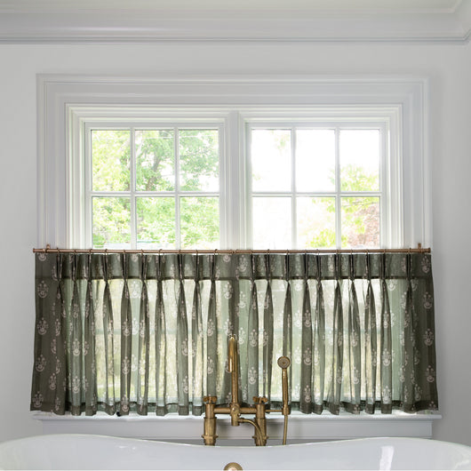 Lucie Olive Tailored Pleat cafe curtains in sheer olive fabric with floral print, made-to-order, short lead times, USA quality craftsmanship