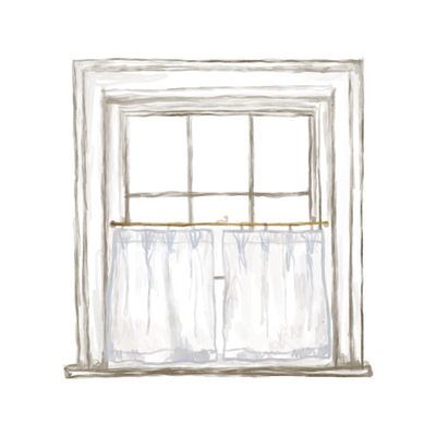 hand drawn image of a window with white pinch pleat cafe curtains hung in the window