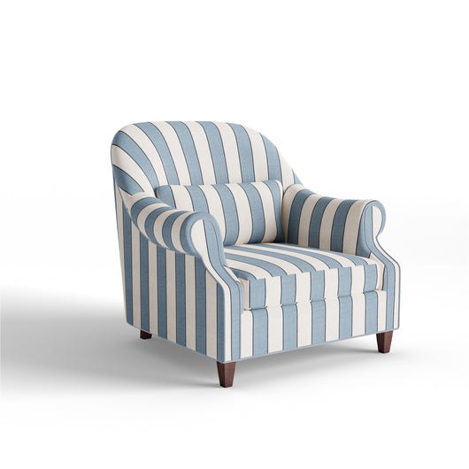 Florence Harbor chair with classic striped linen upholstery, curved arms, and tailored design by Pepper Home.