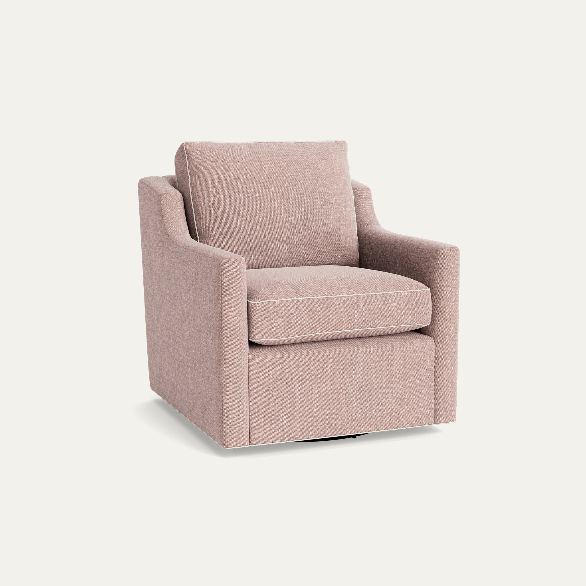 Dahlia swivel chair in soft pink woven fabric, made-to-order with short lead times, crafted in the USA quality furniture