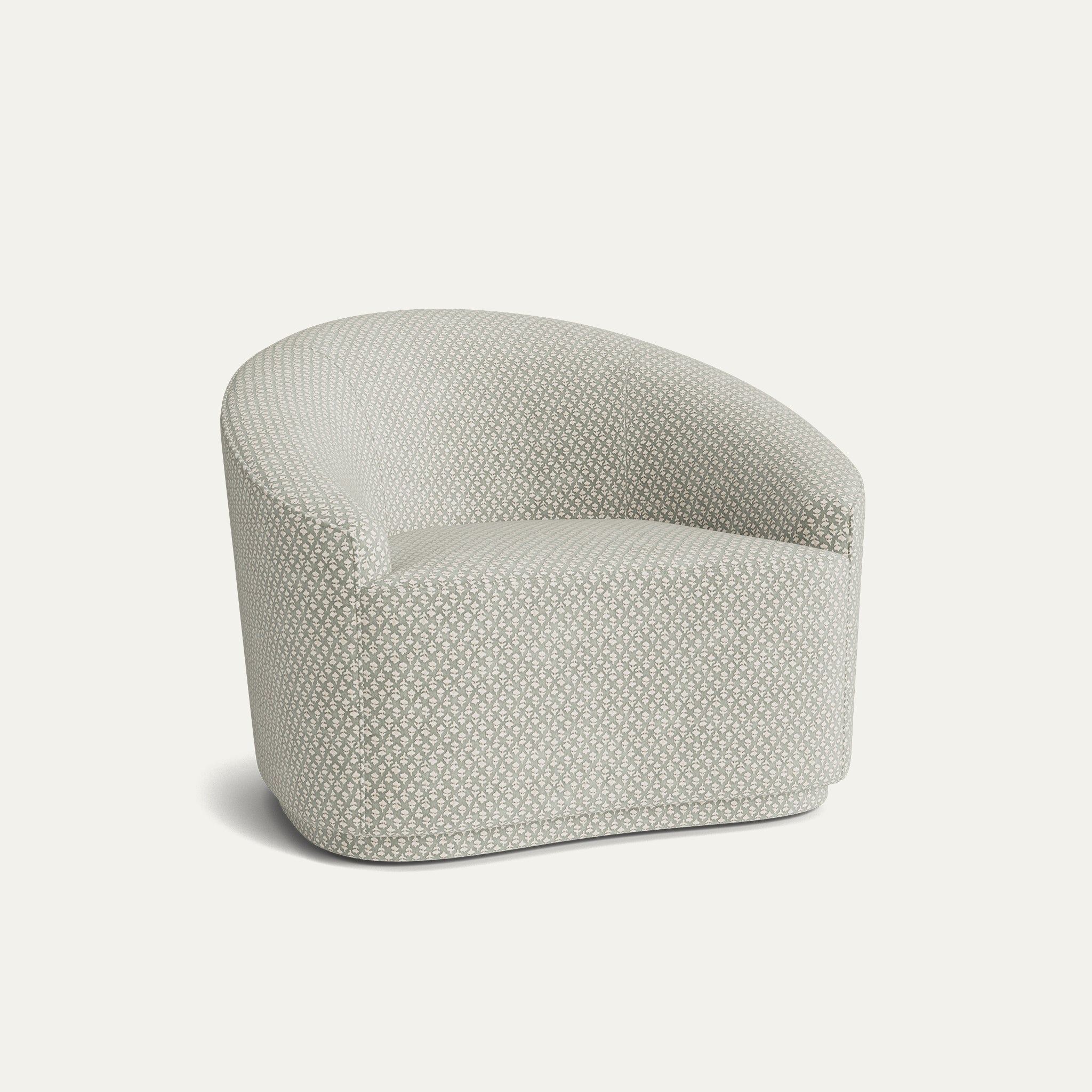 Quinn Sage chair in soft sage chenille jacquard fabric with curved back, made-to-order, short lead times, manufactured in the USA