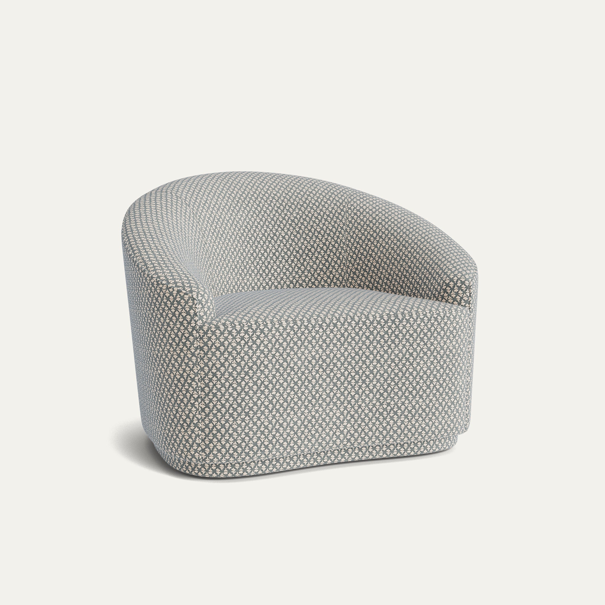Quinn Steel armchair in soft chenille jacquard fabric with curved back, made-to-order, short lead times, manufactured in the USA