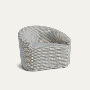 Quinn Steel armchair in soft chenille jacquard fabric with curved back, made-to-order, short lead times, manufactured in the USA