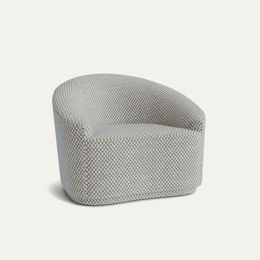 Quinn Steel armchair in soft chenille jacquard fabric with curved back, made-to-order, short lead times, manufactured in the USA