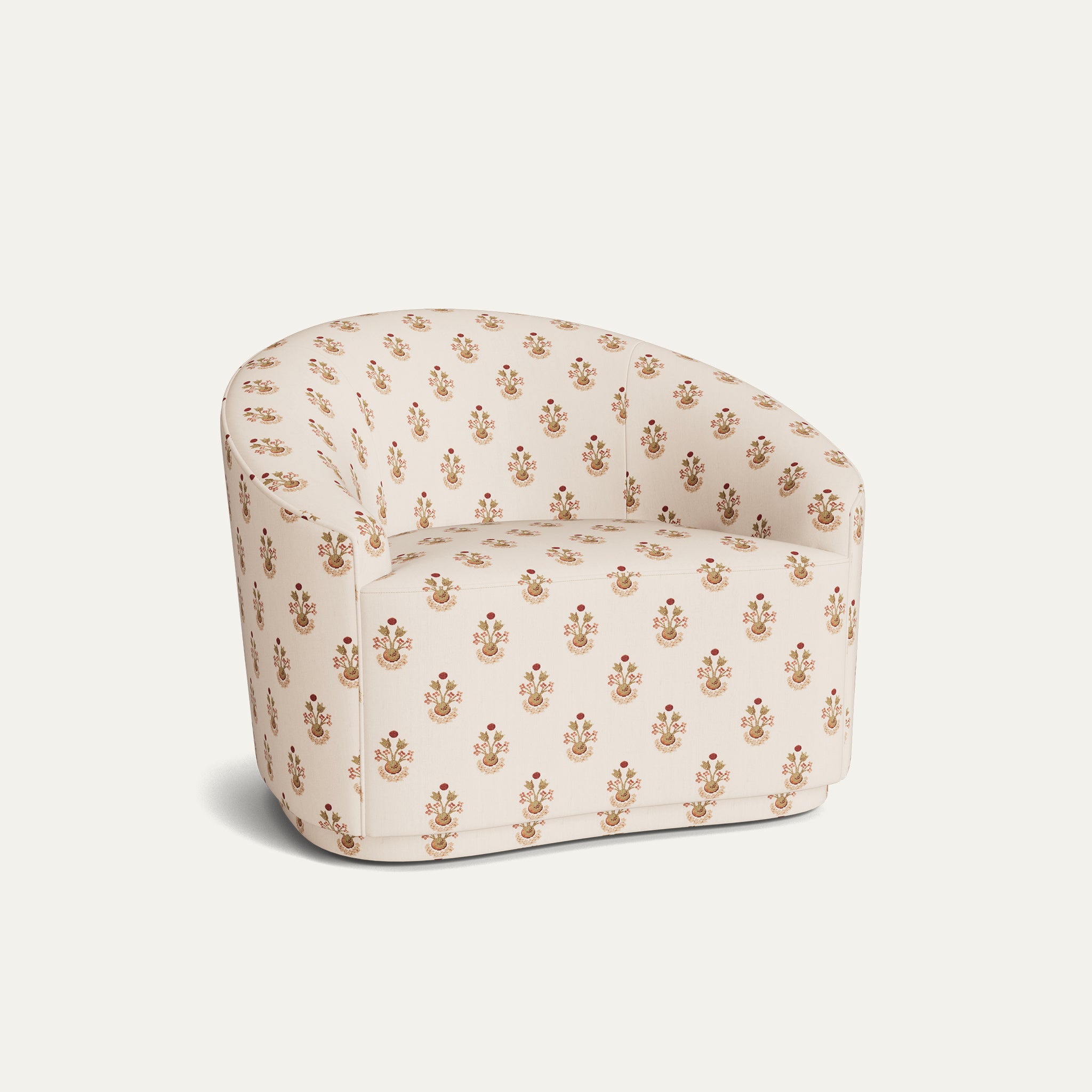 Lucie Clay armchair in printed linen fabric with curved back, made-to-order, short lead times, manufactured in the USA