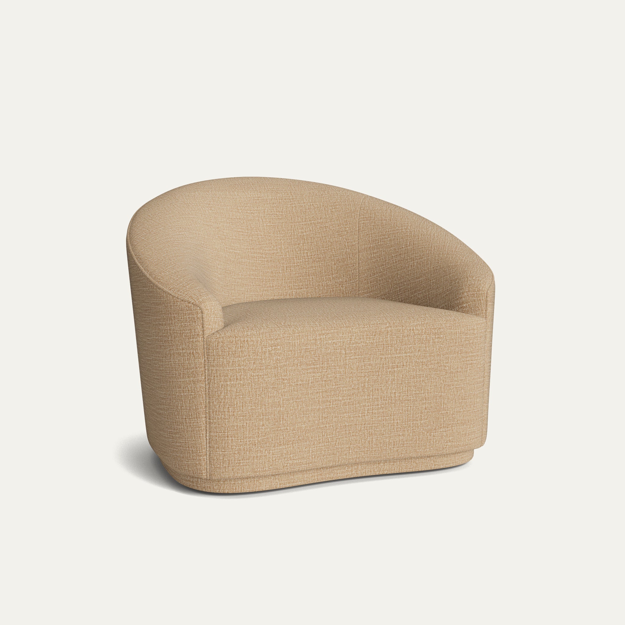 Camel armchair in textured woven fabric with rounded back, made-to-order, short lead times, manufactured in the USA.