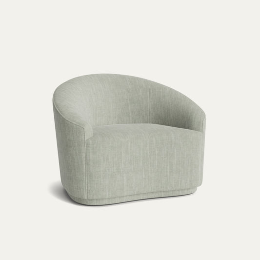 Sea Salt armchair in soft performance woven fabric with curved back, made-to-order, short lead times, manufactured in the USA.