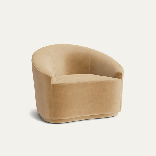 Camel Velvet armchair in soft camel tone with curved back and modern silhouette, made-to-order with short lead times, manufactured in the USA