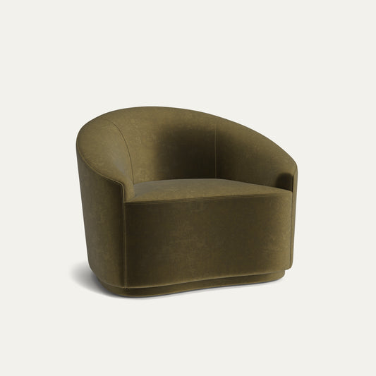 Olive Velvet armchair in rich olive fabric with curved back, made-to-order, short lead times, crafted in the USA.