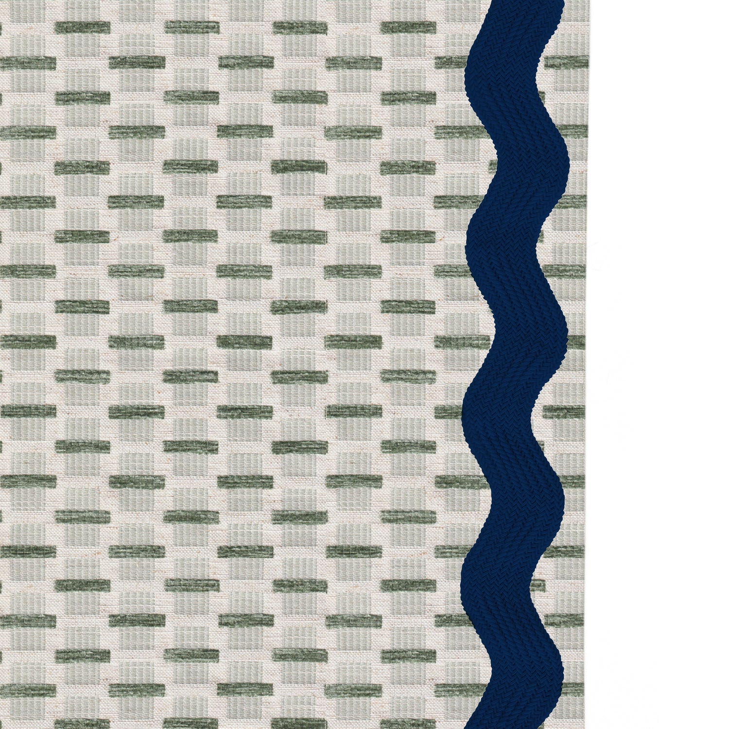 woven light green chenille jacquard curtain with navy blue wavy line trim