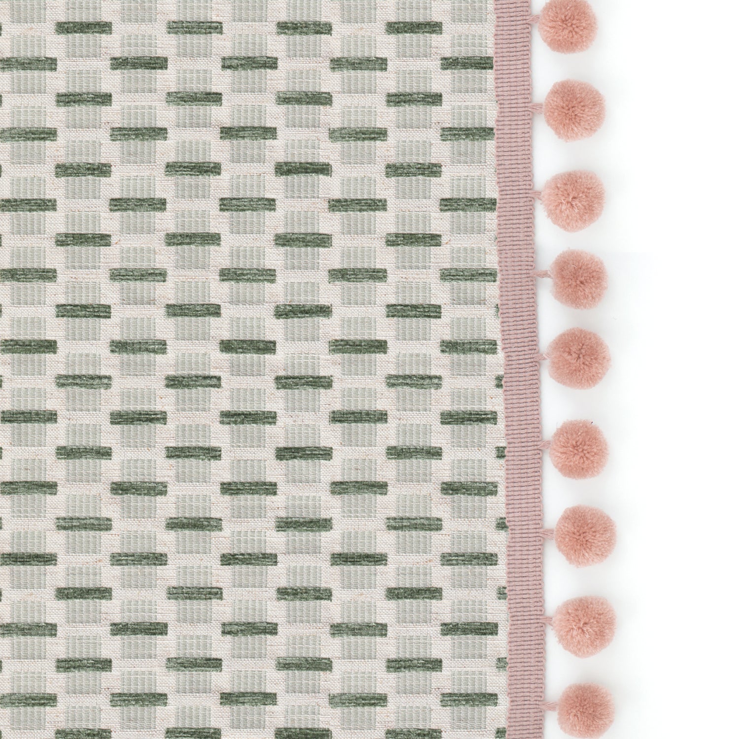 woven light green chenille jacquard curtain with pink pom poms