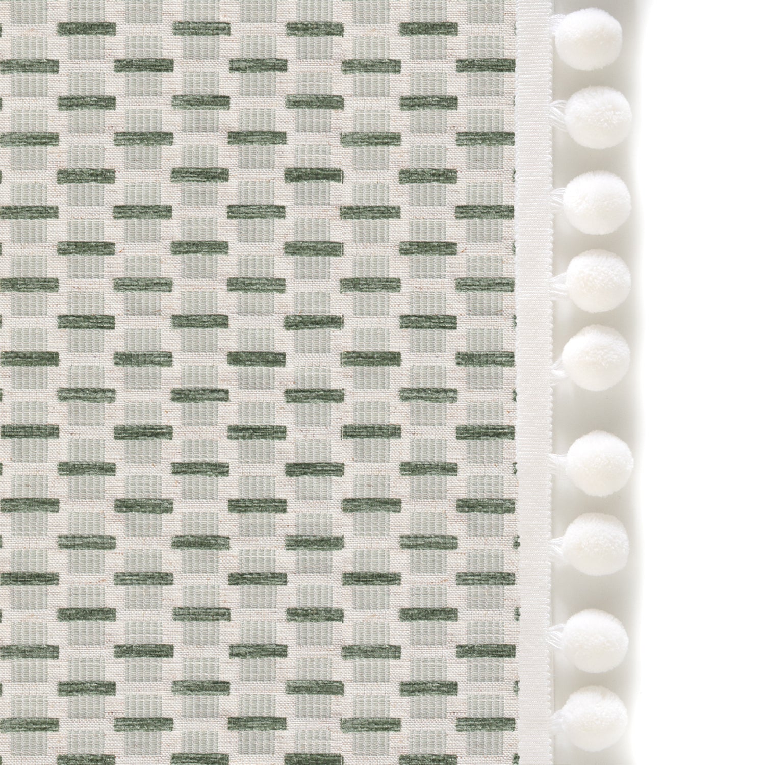 woven light green chenille jacquard curtain with white pom poms