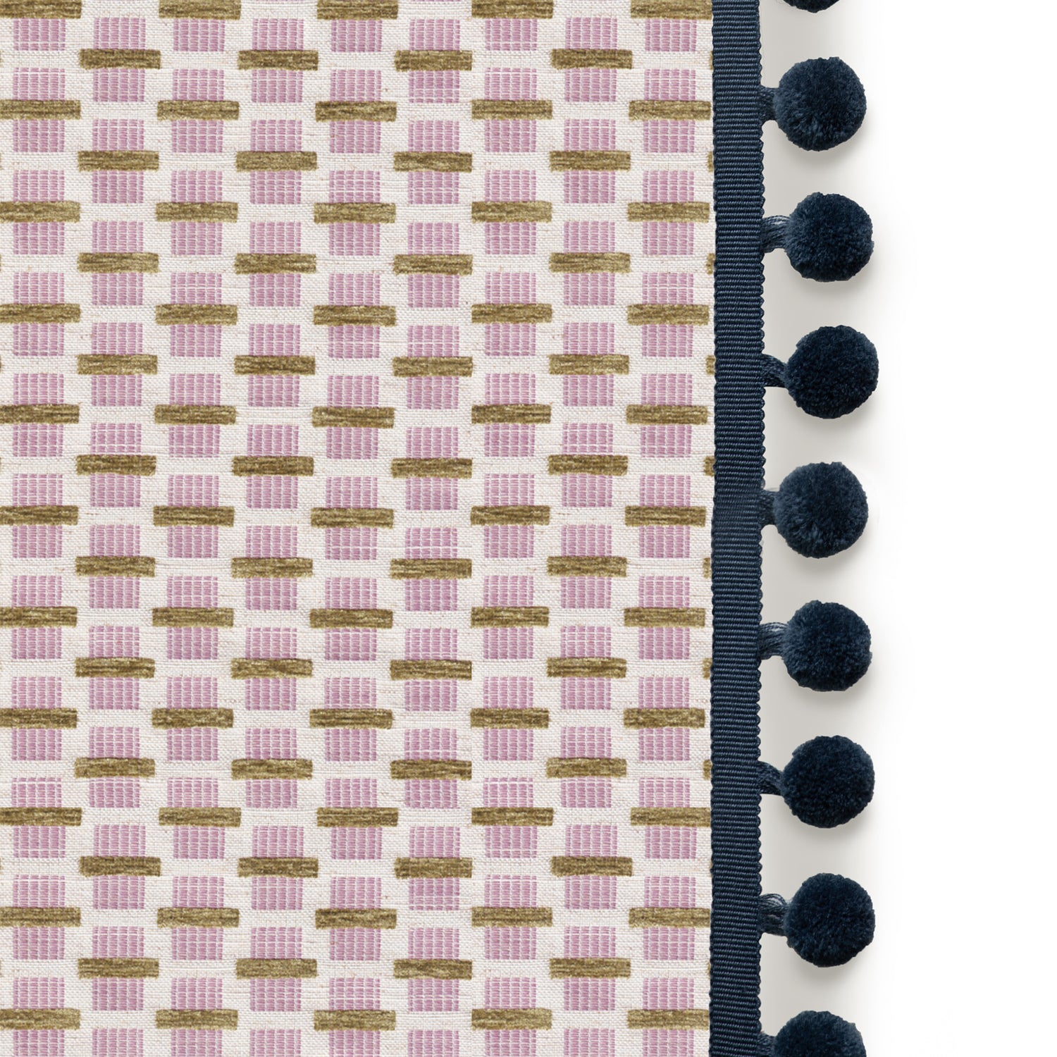 woven pink chenille jacquard fabric curtain with navy blue pom poms