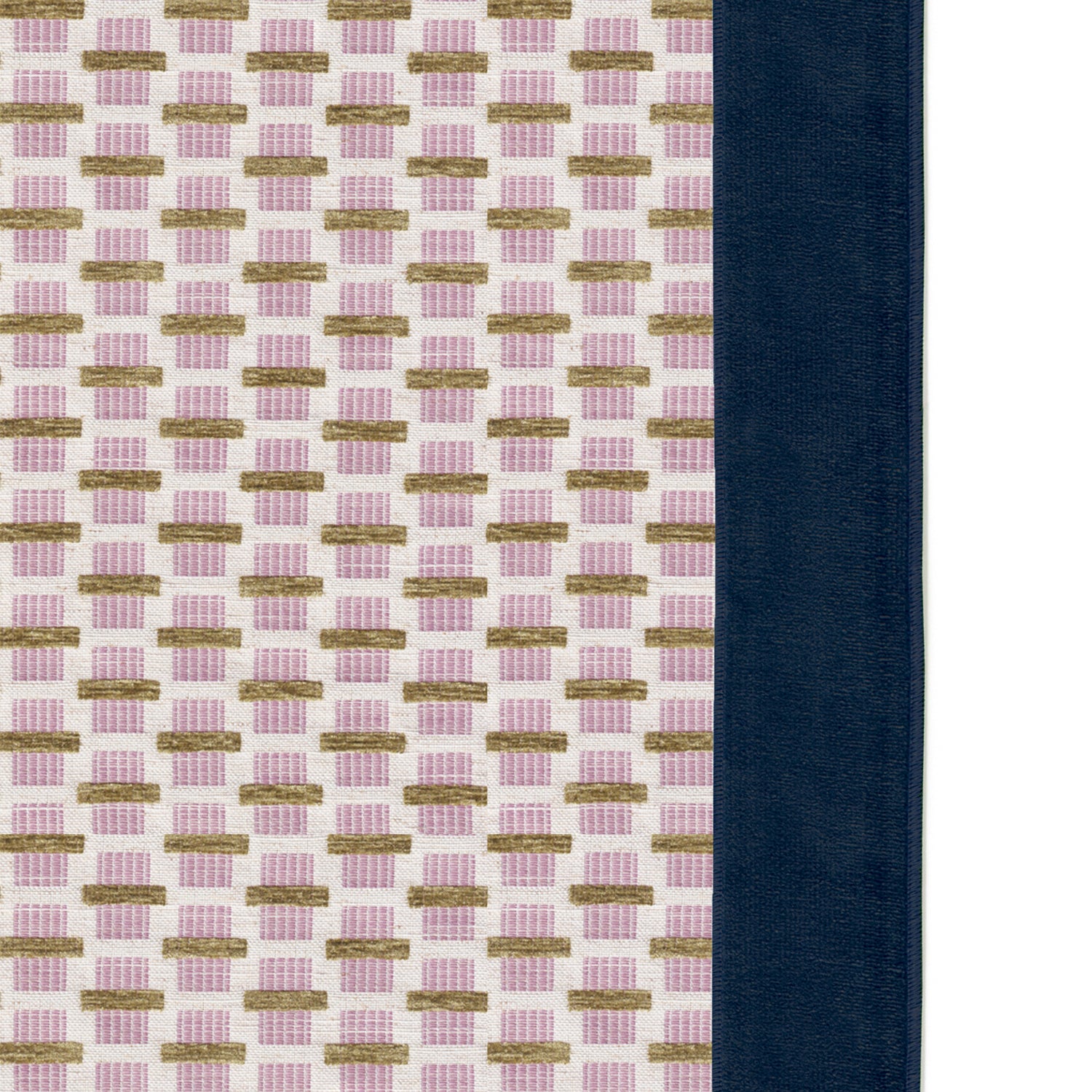 woven pink chenille jacquard fabric curtain with navy blue velvet band trim 